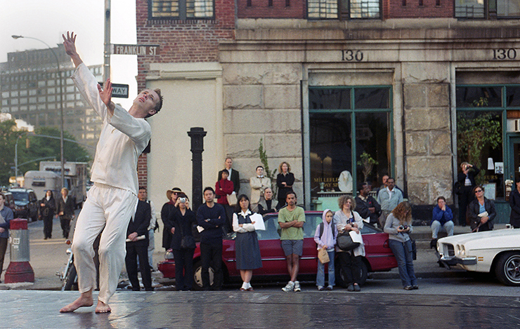 Battery Dance’s Tadej Brdnik gives a solo performance on Franklin Street, Sept. 26, 2001. Photo: Carl Glassman/Tribeca Trib